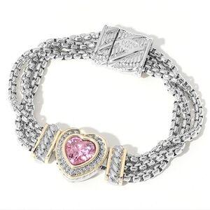 Pink Two Tone CZ Heart Pendant Magnetic Chain Bracelet Bangle Silver Gold
